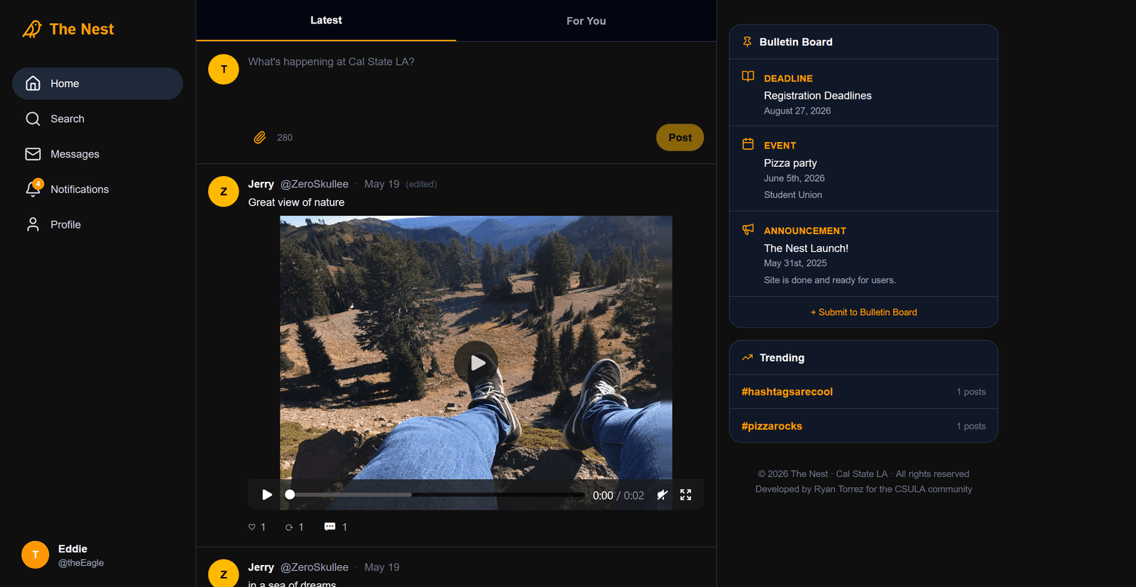 The Nest home feed with a post composer, a video post, a campus bulletin board, and trending hashtags