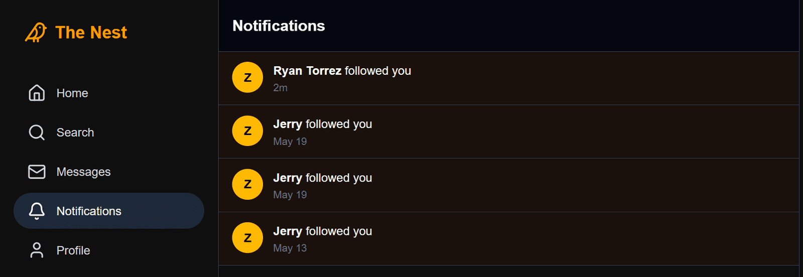 Notifications list in The Nest showing recent follows
