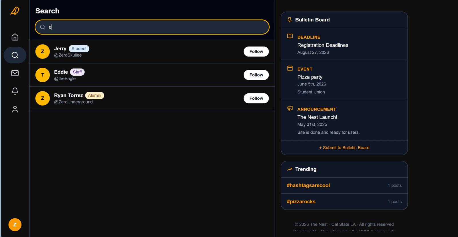 Search results in The Nest showing users tagged as Student, Staff, and Alumni